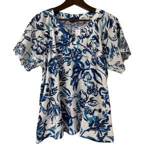 Lane Bryant Women 18/20 Blue White Floral Embroidered Sleeve V-Neck Shirt NWT